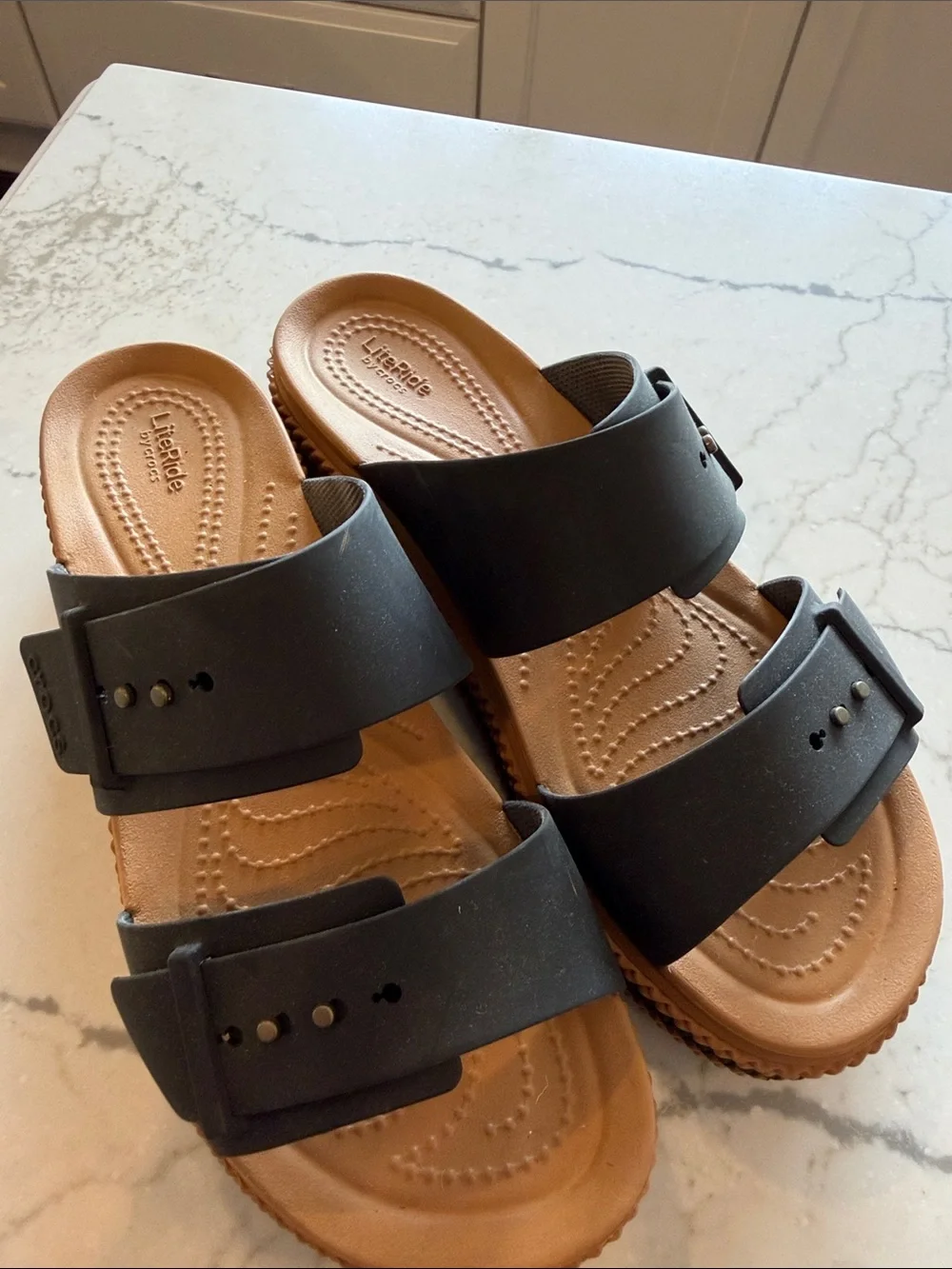 CROCS Women’s Dual-Strap Platform Slides in Black and Tan